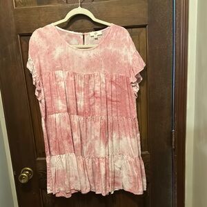 Pink Tie-Dye Ruffle Sleeve Dress by entro